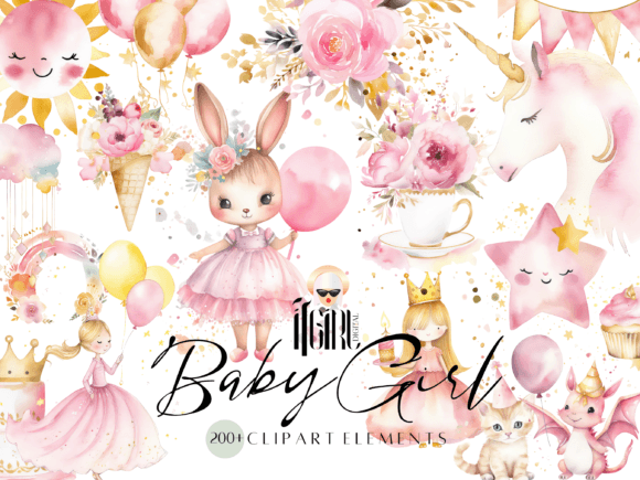 Baby Girl Nursery Watercolor Clipart Illustrations