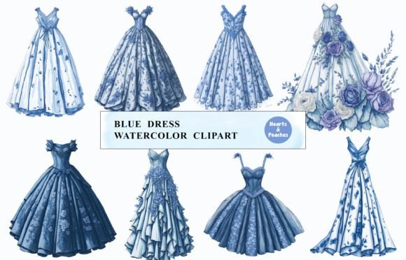 Blue Dress Watercolor Illustrations for Branding and Creative Design Projects