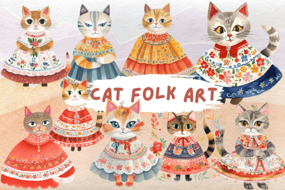 Cat Folk Art Mexican Costume Watercolor Illustrations for Etsy & Digital Sellers