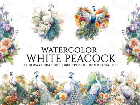 Elegant Watercolor White Peacock Illustrations for Local Brand Identity