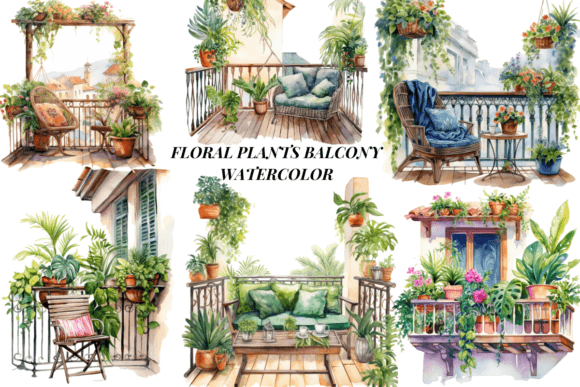 Floral Plants Balcony Watercolor Illustrations for Branding and Marketing