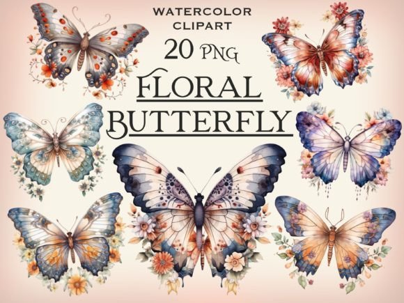 Flower Butterfly Watercolor Clipart for Illustrations & Digital Product Sellers
