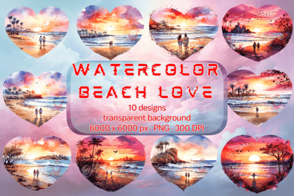 Heart Clip Art Watercolor Beach Love Set: A Soft, Romantic Illustration for Coastal-Inspired Branding