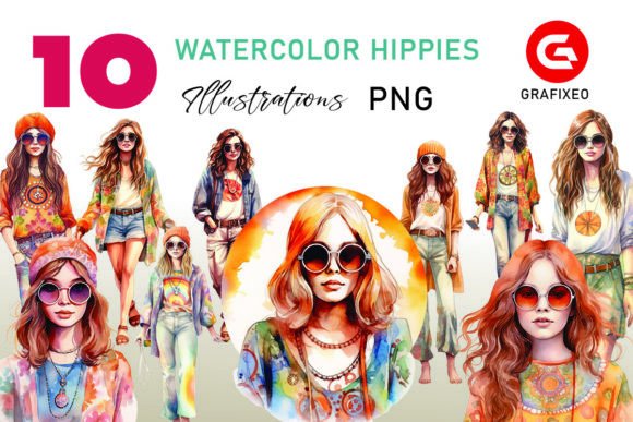 Hippie Girls 60s Watercolor Illustrations for Digital Products