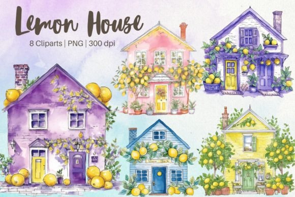 Lemon House Watercolor Clipart: Illustrations for Branding