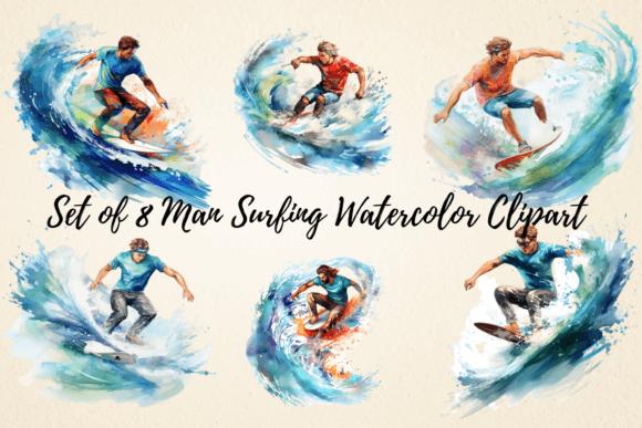 Man Surfing Watercolor Clipart for Etsy & Digital Product Sellers