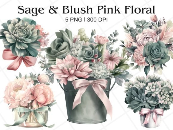 Sage and Pink Floral Watercolor Clipart Illustrations