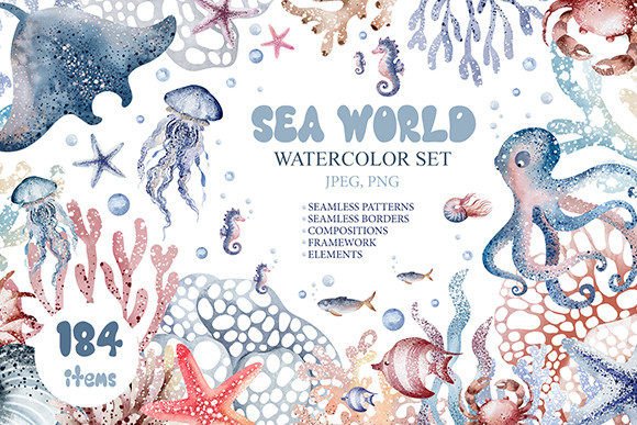 SEA WORLD Watercolor Illustrations for Digital Product Sellers