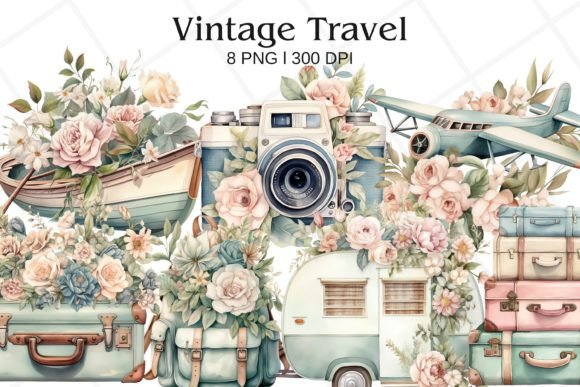 Vintage Travel Watercolor Clipart: Illustrations with Timeless Charm for Local Branding