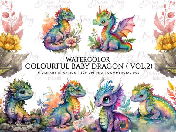 Watercolor Baby Dragon Clipart Bundle 2 Illustrations