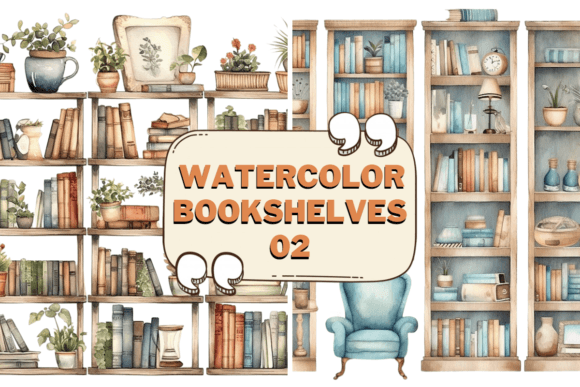 Watercolor Bookshelf Clipart Images 02 Illustrations