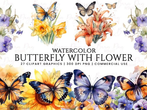Watercolor Butterfly with Flower Clipart for Illustrations