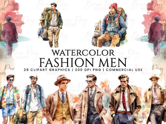 Watercolor Fashion Men Clipart Bundle: Illustrations with Character for Brand Storytelling