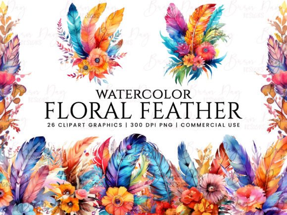 Watercolor Floral Feather Clipart Bundle: Elegant Illustrations for Crafters & Etsy Sellers