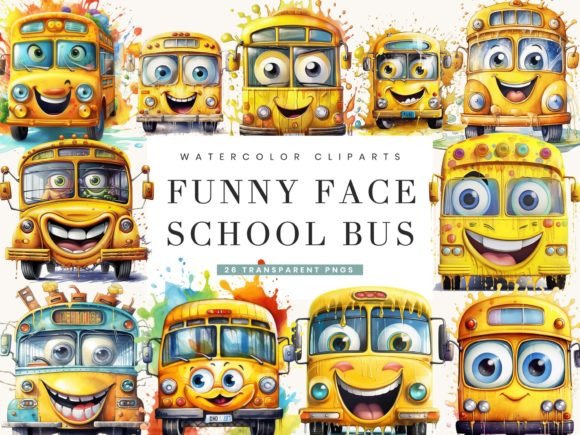 Watercolor Funny Face School Bus Clipart Review
