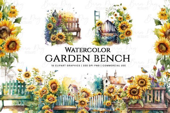 Watercolor Garden Bench Clipart Vol. 2 for Real Crafting & Handmade Business Use