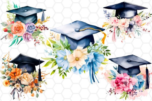 Watercolor Graduation Cap Clipart Bundle Illustrations