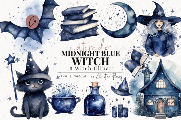Watercolor Midnight Blue Witch Clipart for Bold Illustrations
