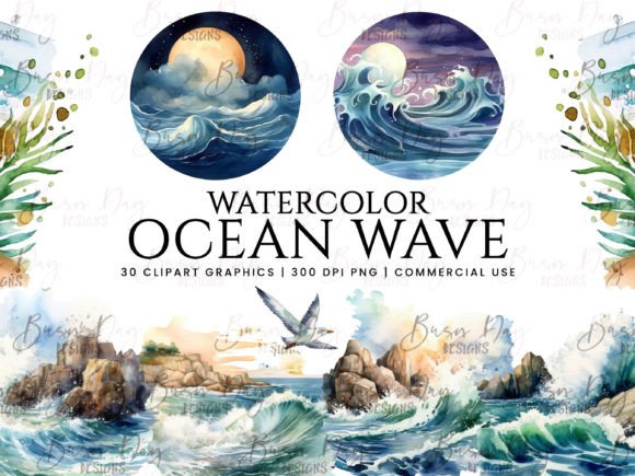 Watercolor Ocean Wave Illustrations for Digital Sellers