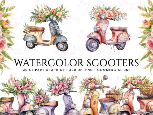 Watercolor Scooter Clipart Bundle: A Fresh Illustration Set for Lifestyle and Branding Visuals