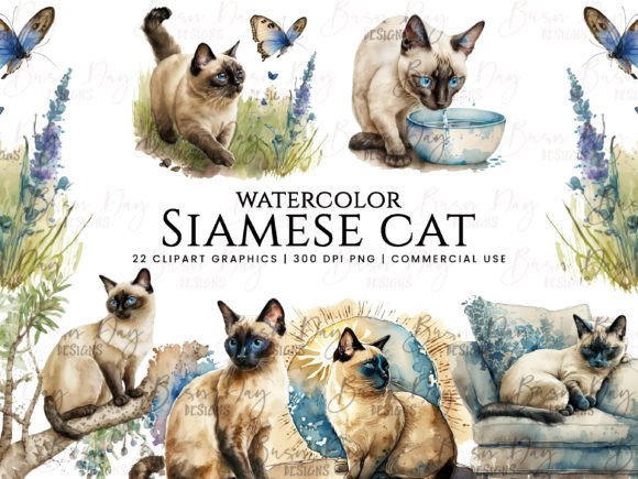 Watercolor Siamese Cats Illustrations for Branding