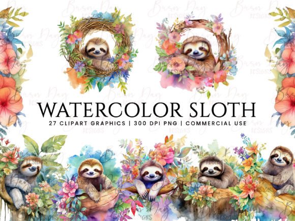 Watercolor Sloth Clipart Bundle Design Illustrations Review