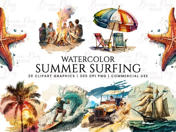 Watercolor Summer Surfing Clipart Bundle Review
