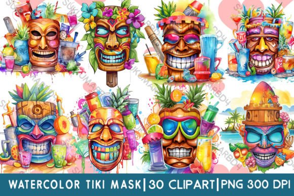 Watercolor Tiki Mask Clipart: Tropical Illustrations