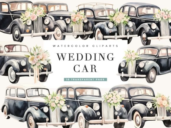 Watercolor Wedding Car Clipart Bundle for Crafters & Etsy Sellers