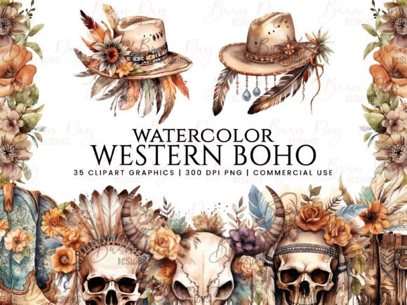 Watercolor Western Boho Clipart for Embroidery