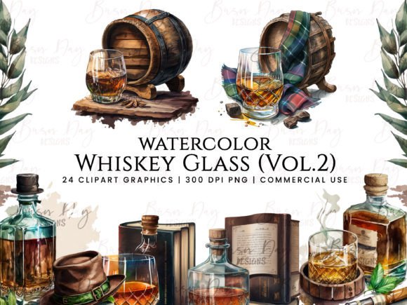 Watercolor Whiskey Glass Clipart Vol.2 Illustrations