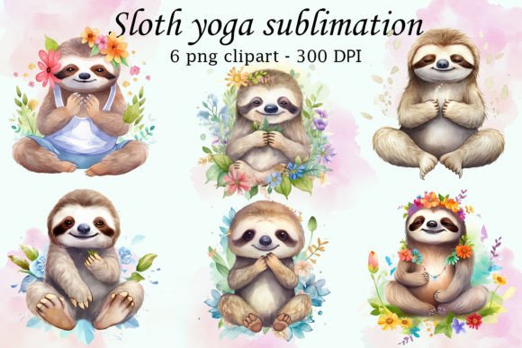Watercolor Yoga Sloths Illustrations for Branding