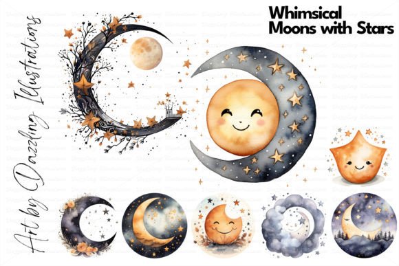 Whimsical Moon with Stars Watercolor Illustrations for Digital Sellers